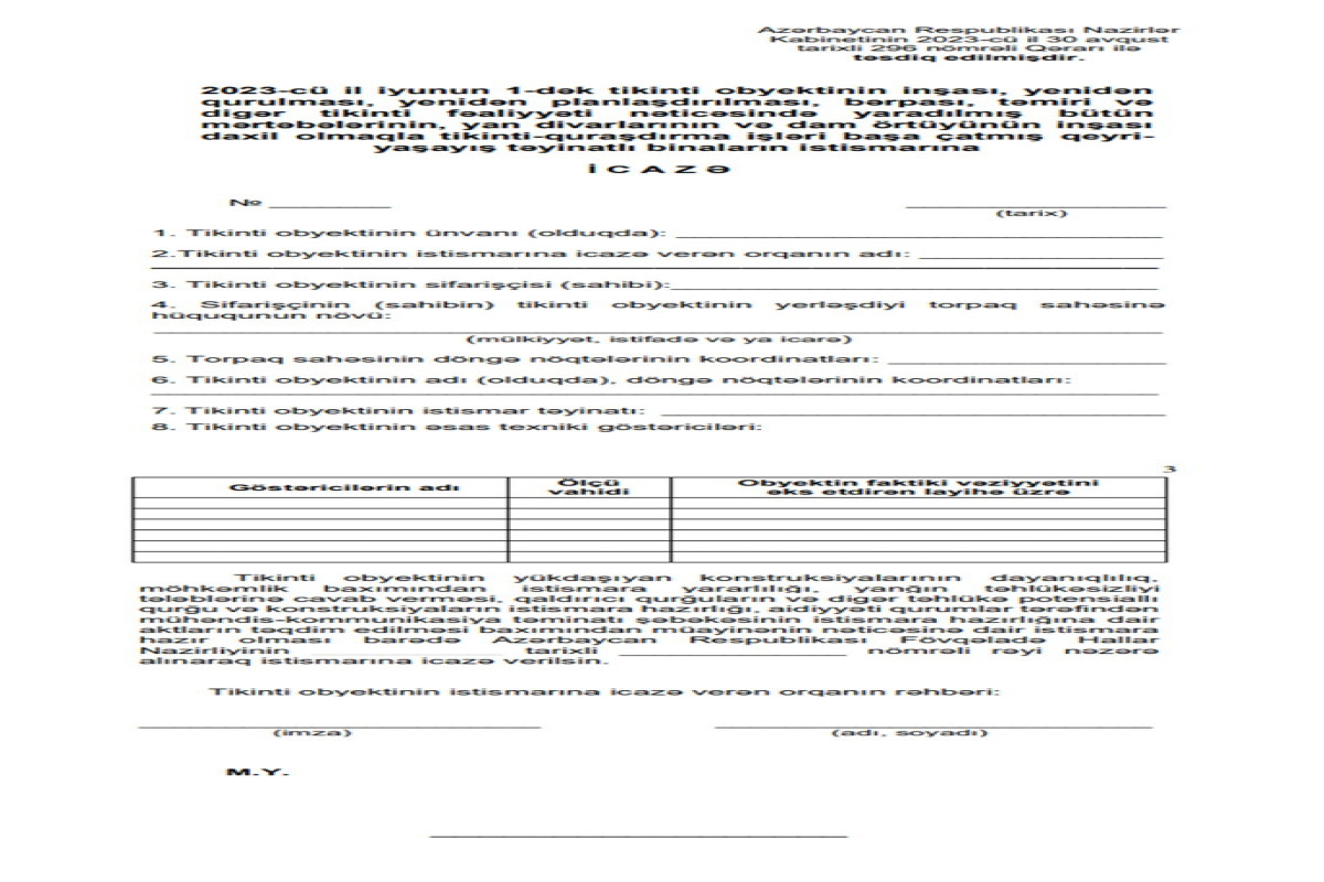 İyunun 1-dək tikintisi başa çatmış qeyri-yaşayış binalarının istismarına icazənin forması təsdiqlənib